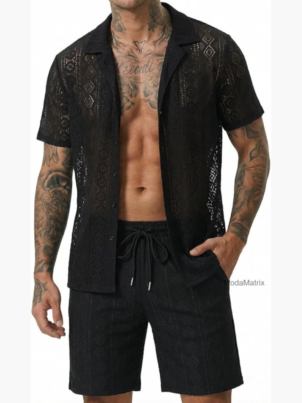 Mens 2 Piece Short Set Lace See Through Mesh Outfit